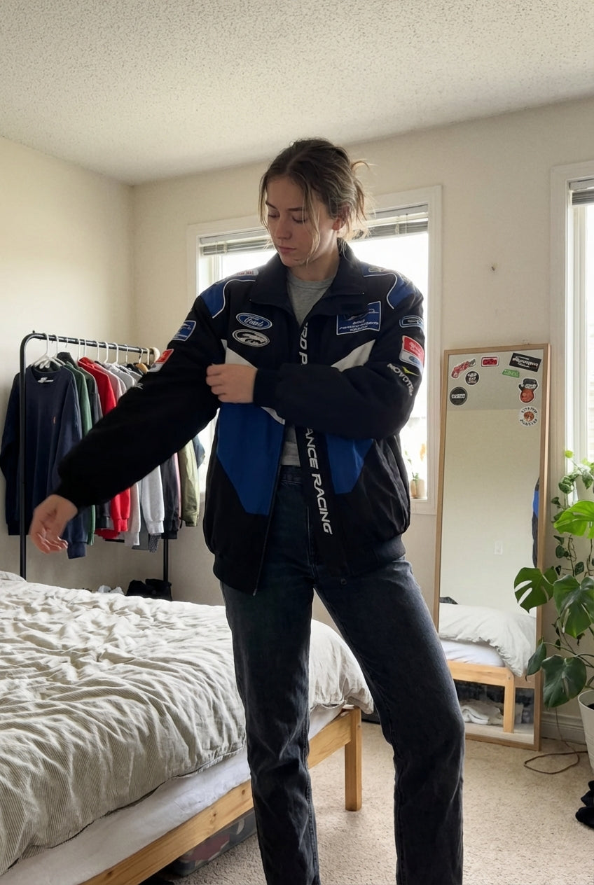 Ford Performance Racing Embroidered Racing Jacket Black/Blue | Zip-Front Motorsport Team Outerwear