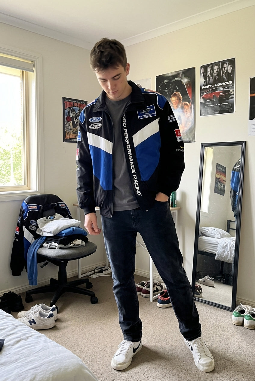Ford Performance Racing Embroidered Racing Jacket Black/Blue | Zip-Front Motorsport Team Outerwear