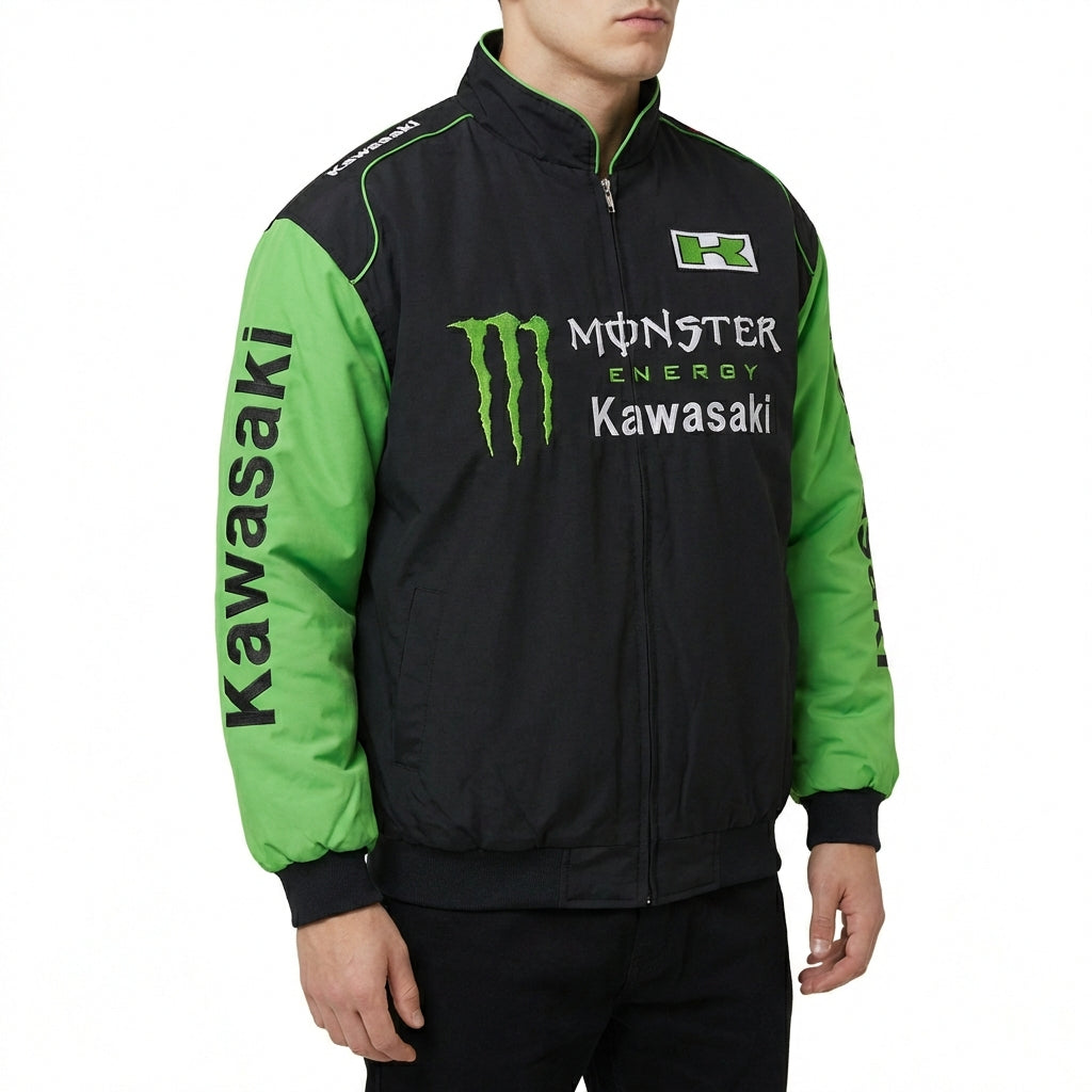 Kawasaki Monster Energy Zip-Up Racing Jacket Black/Green | Motocross Team Logo Bomber